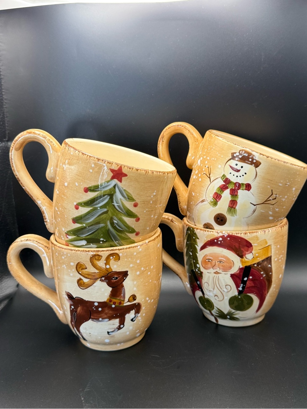 Holiday Ceramic Mug Set - Beige Christmas Tree Santa Snowman Reindeer